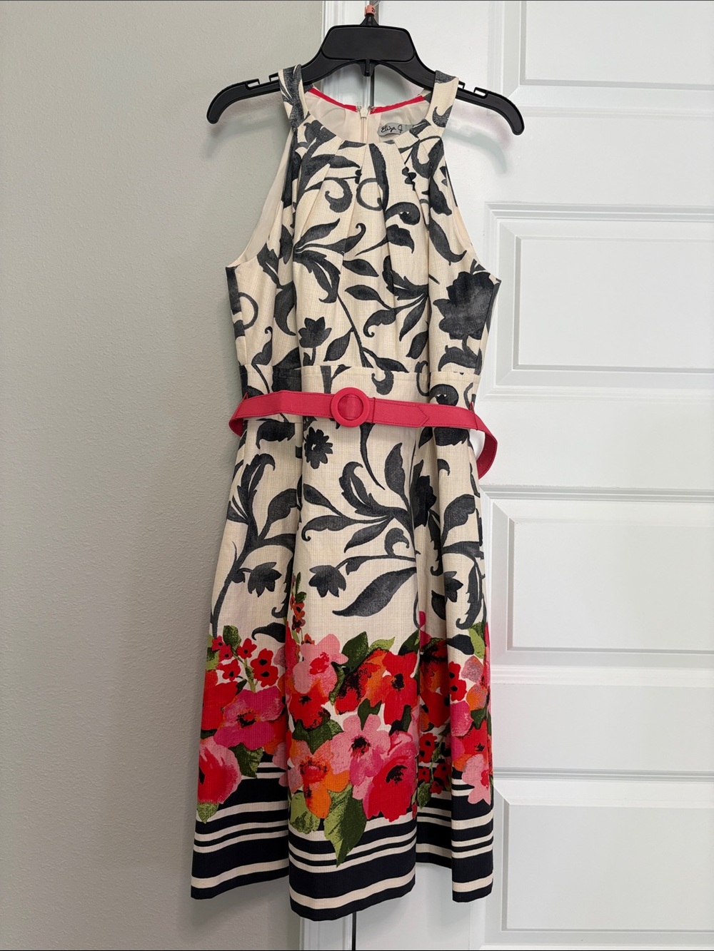 Eliza J Cream Dress with Black Floral Print and Pink Trim